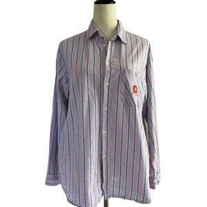 ONA Basement Korean Striped Shirt Crest Blue Pink Button down Preppy Medium